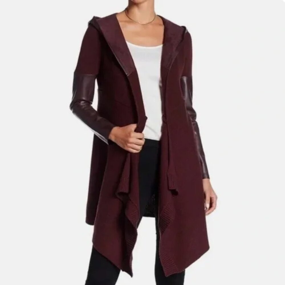 BlankNYC Maroon Plum Faux Leather Hooded Long Cardigan Knit Jacket